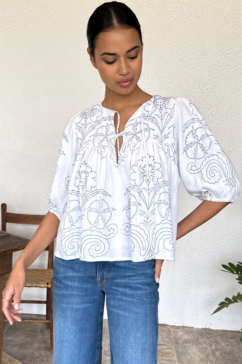 Puff Isla Top - Maeve Outline Indigo Linen