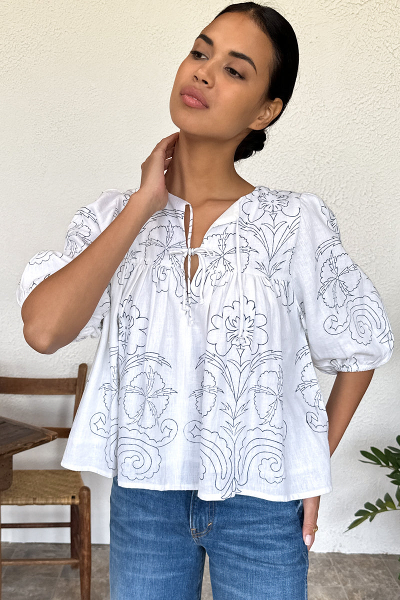 Puff Isla Top - Maeve Outline Indigo Linen