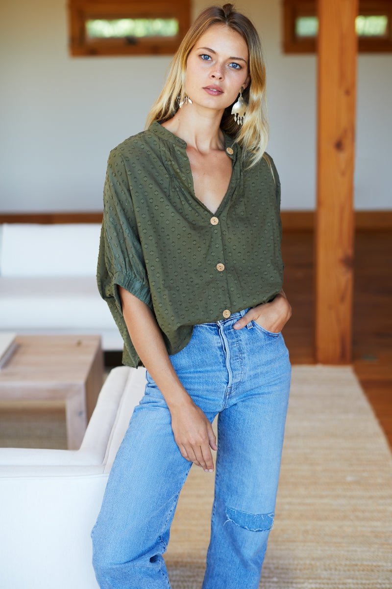 Mandarin Collar Top - Moss Swiss Dot Organic