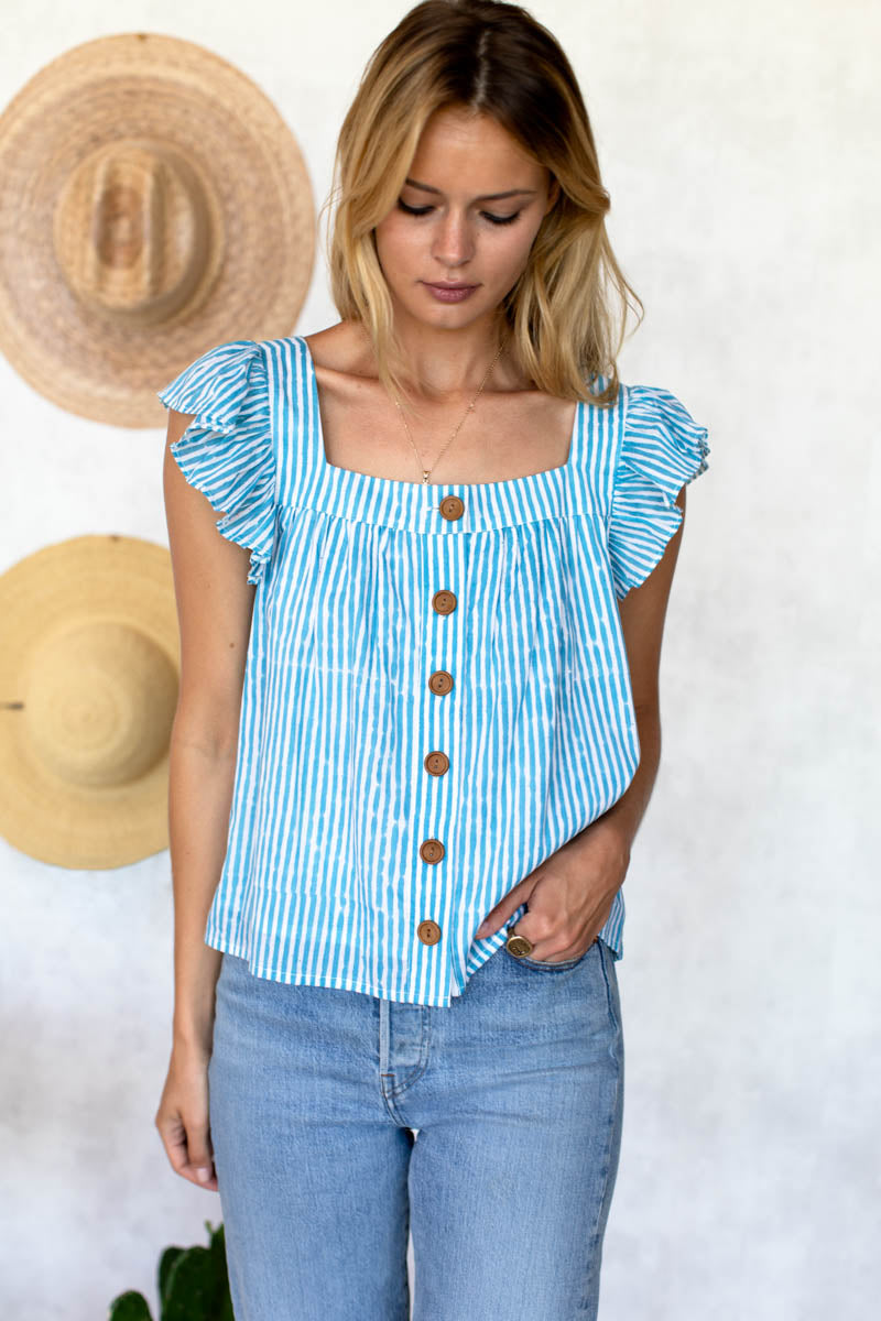 Laurent Flutter Top - Sunday Stripe Bluesy Organic