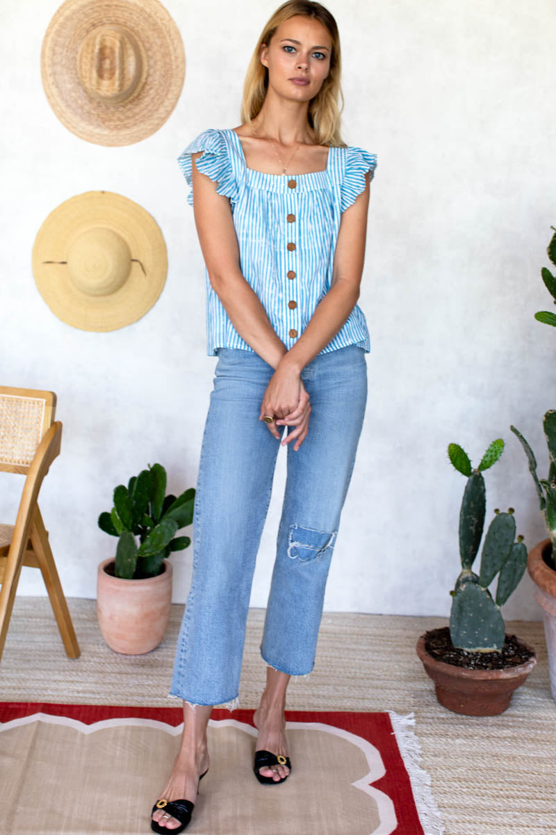 Laurent Flutter Top - Sunday Stripe Bluesy Organic