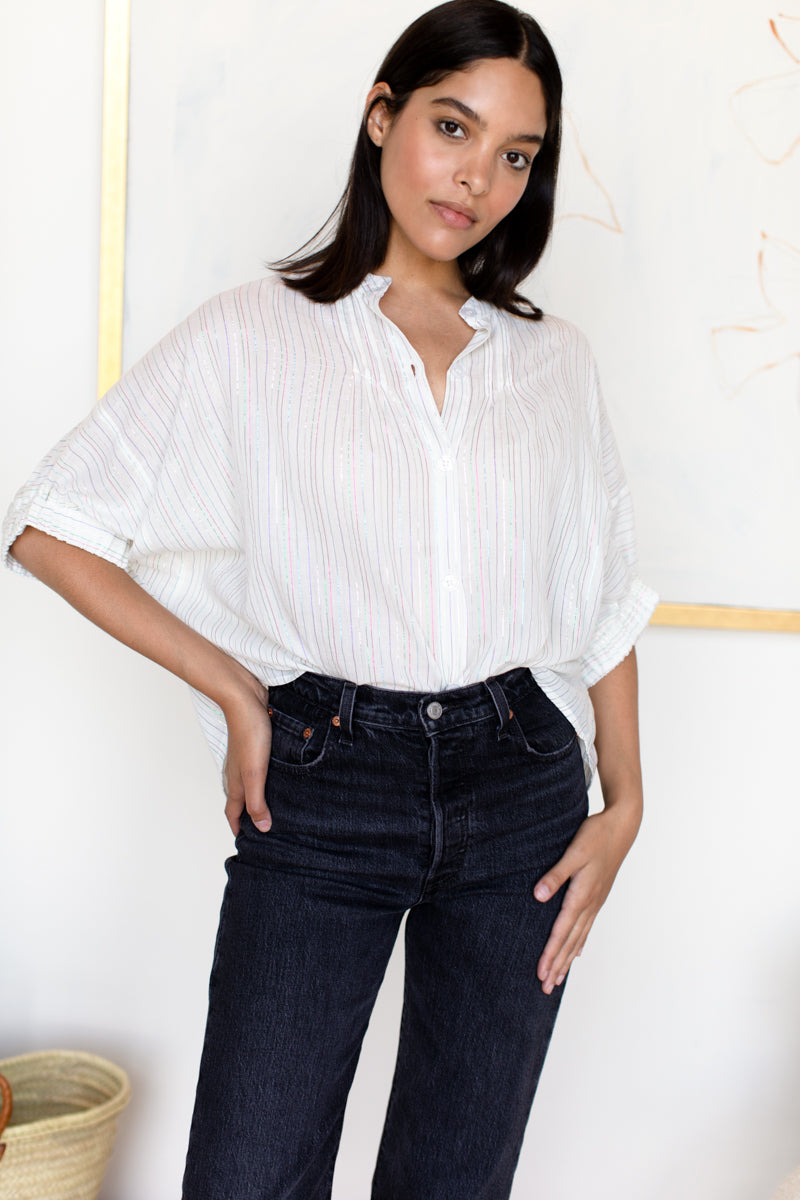 Mandarin Collar Top - Rainbow Ivory Lurex