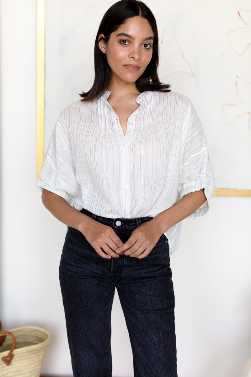 Mandarin Collar Top - Rainbow Ivory Lurex
