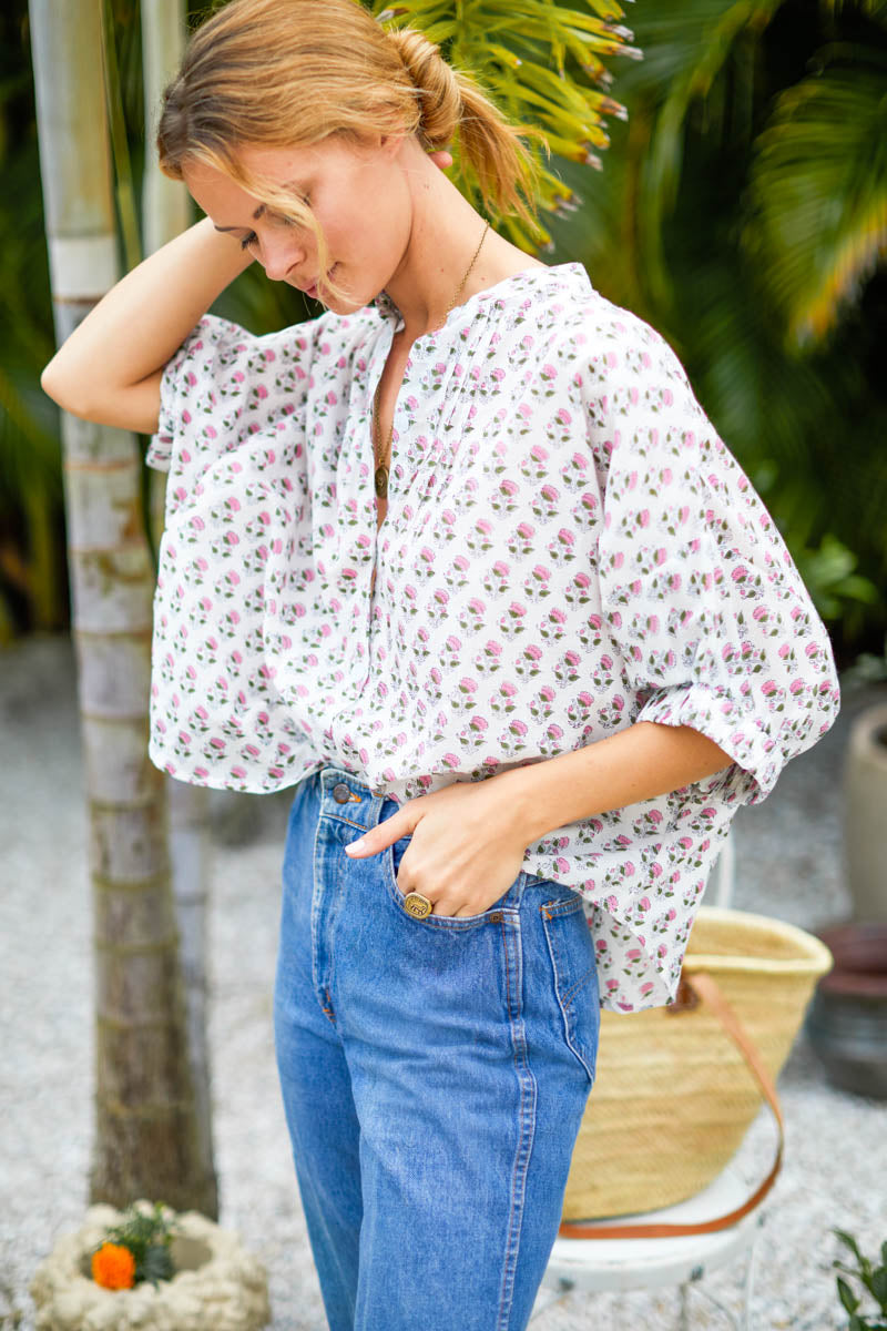 Mandarin Collar Top - Rosey Flowers Organic