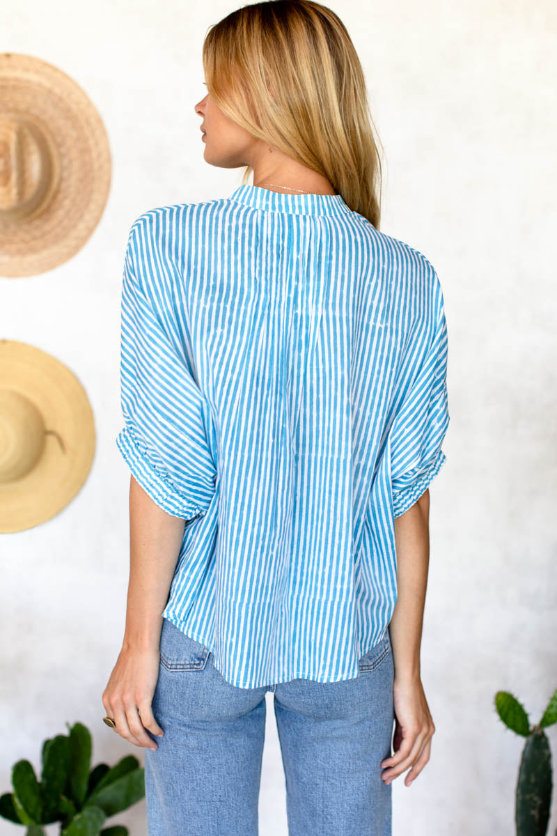 Mandarin Collar Top - Sunday Stripe Bluesy Organic