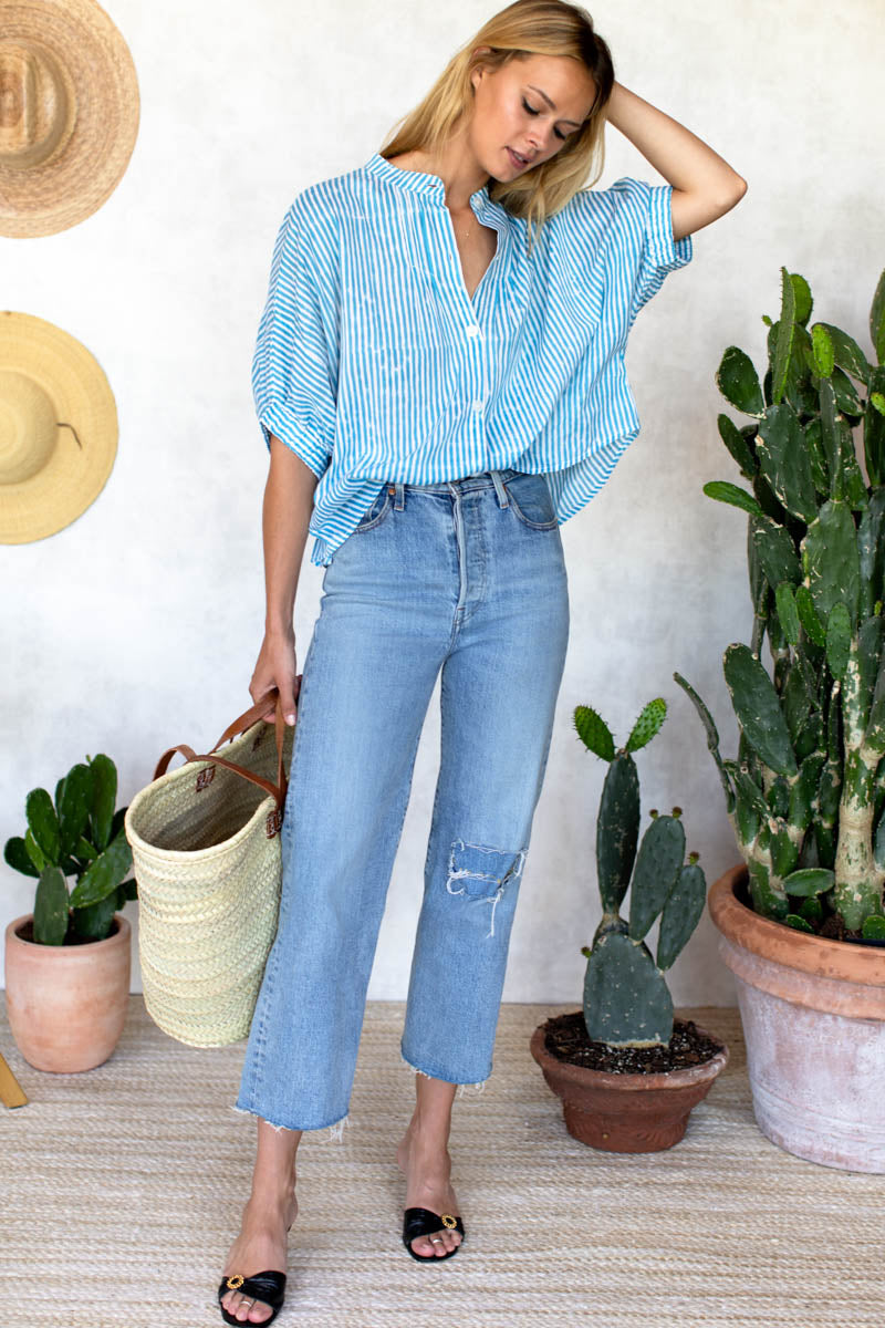 Mandarin Collar Top - Sunday Stripe Bluesy Organic