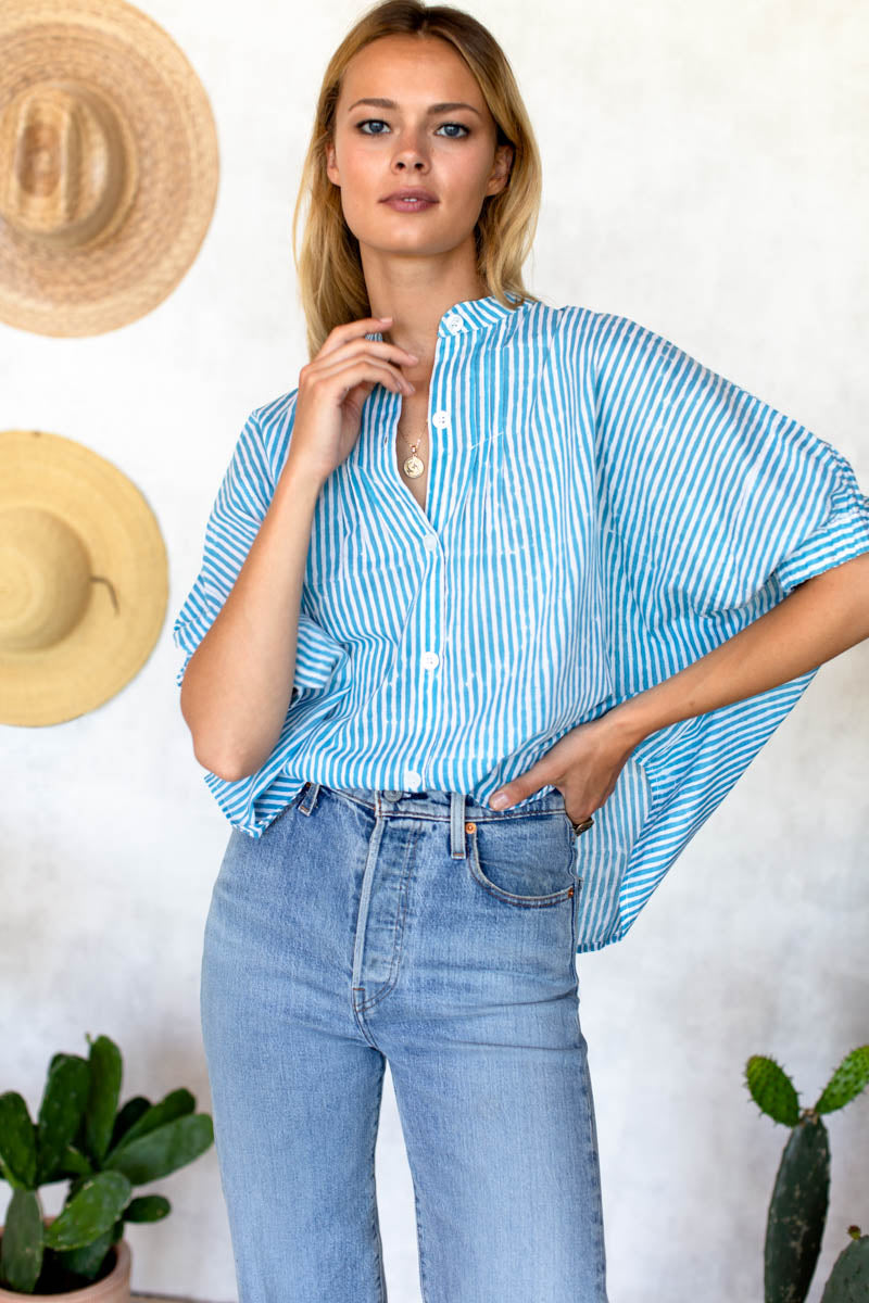 Mandarin Collar Top - Sunday Stripe Bluesy Organic