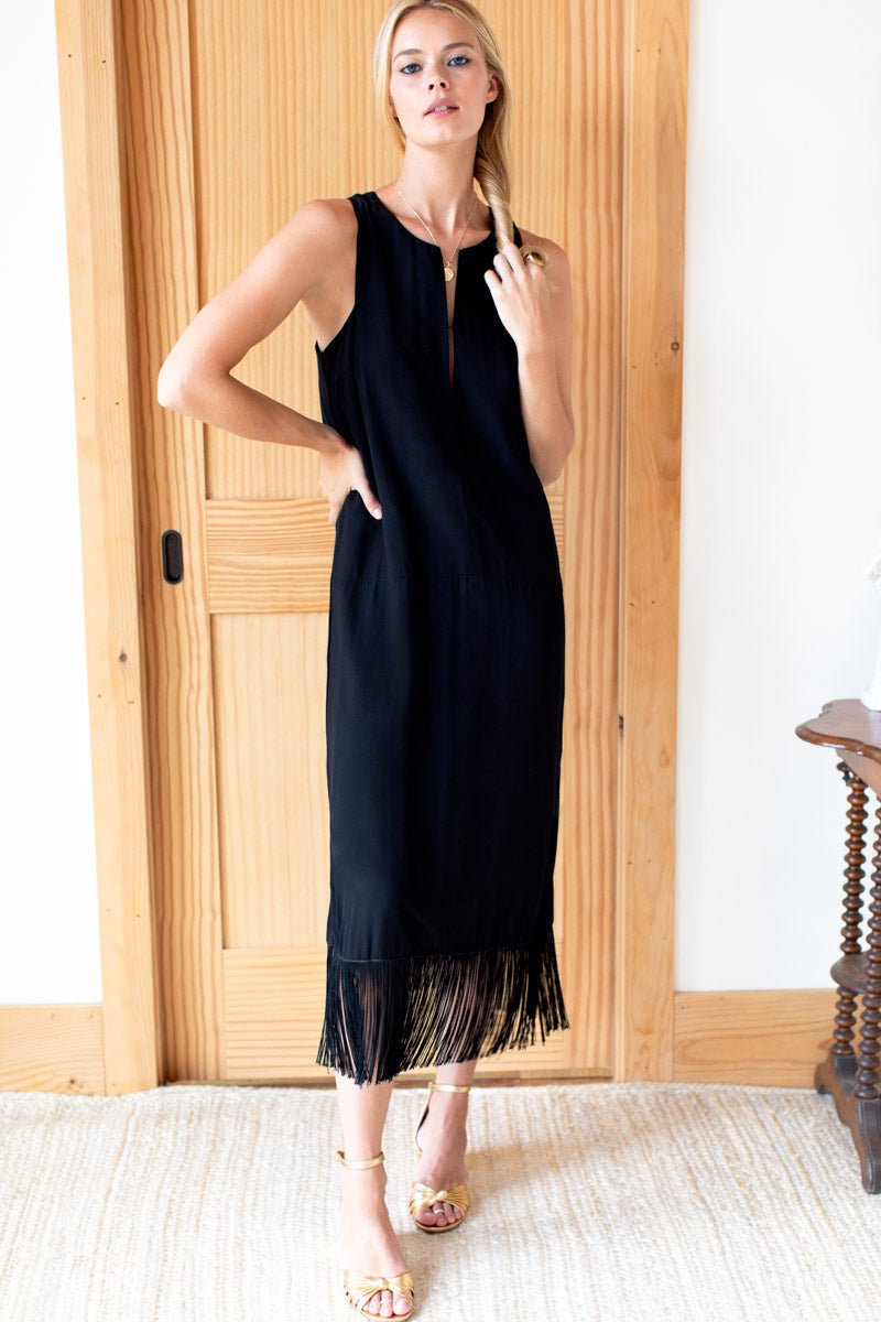Cut Out Fringe Midi Dress - Black