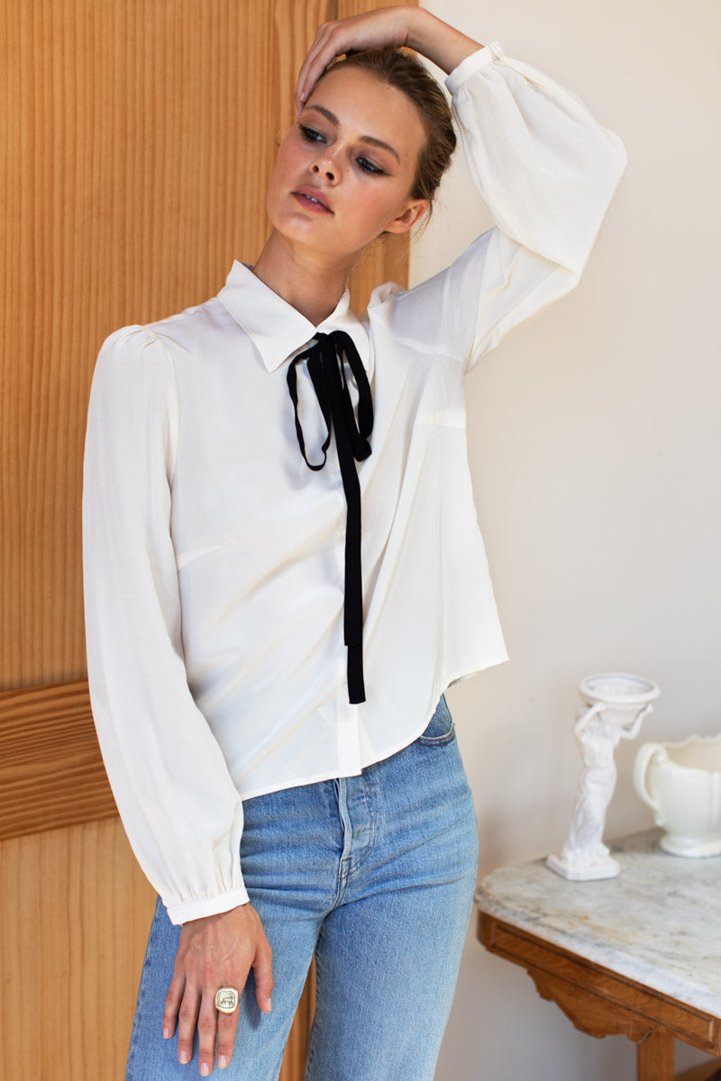 Lou Tie Blouse - Pearled Ivory + Black