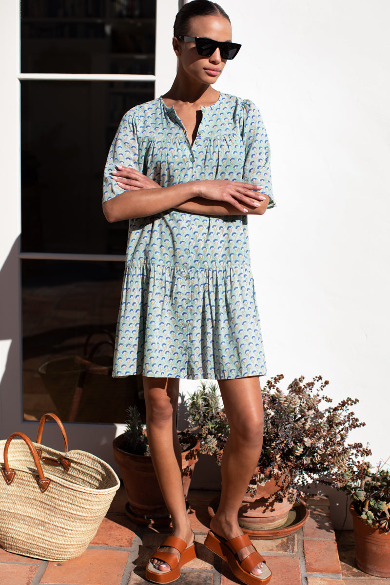 Amelia Button Short Dress - Crescent Flower Kashmir Organic