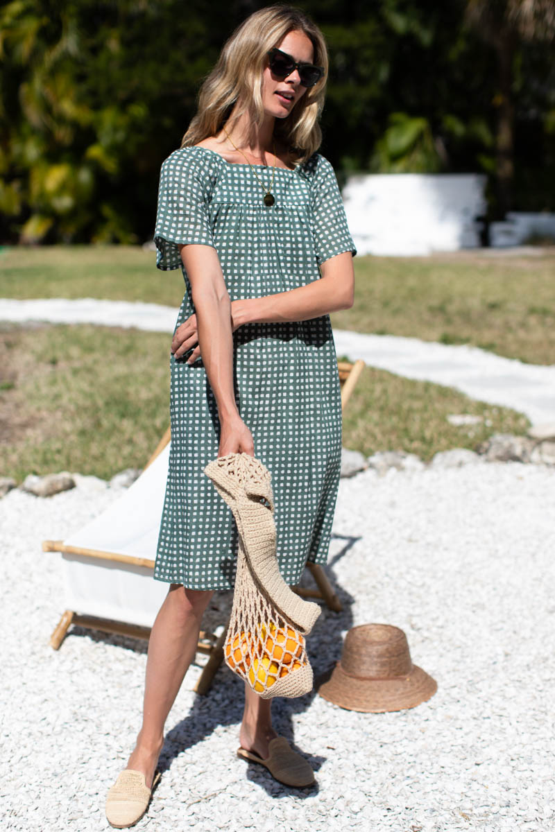 Colette Short Dress - Moss Gingham Organic