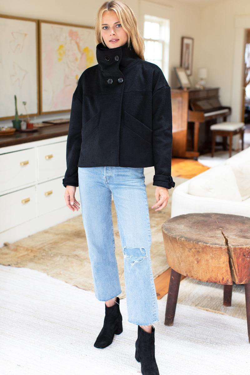 Cozy High Neck Jacket - Black Wool Cashmere