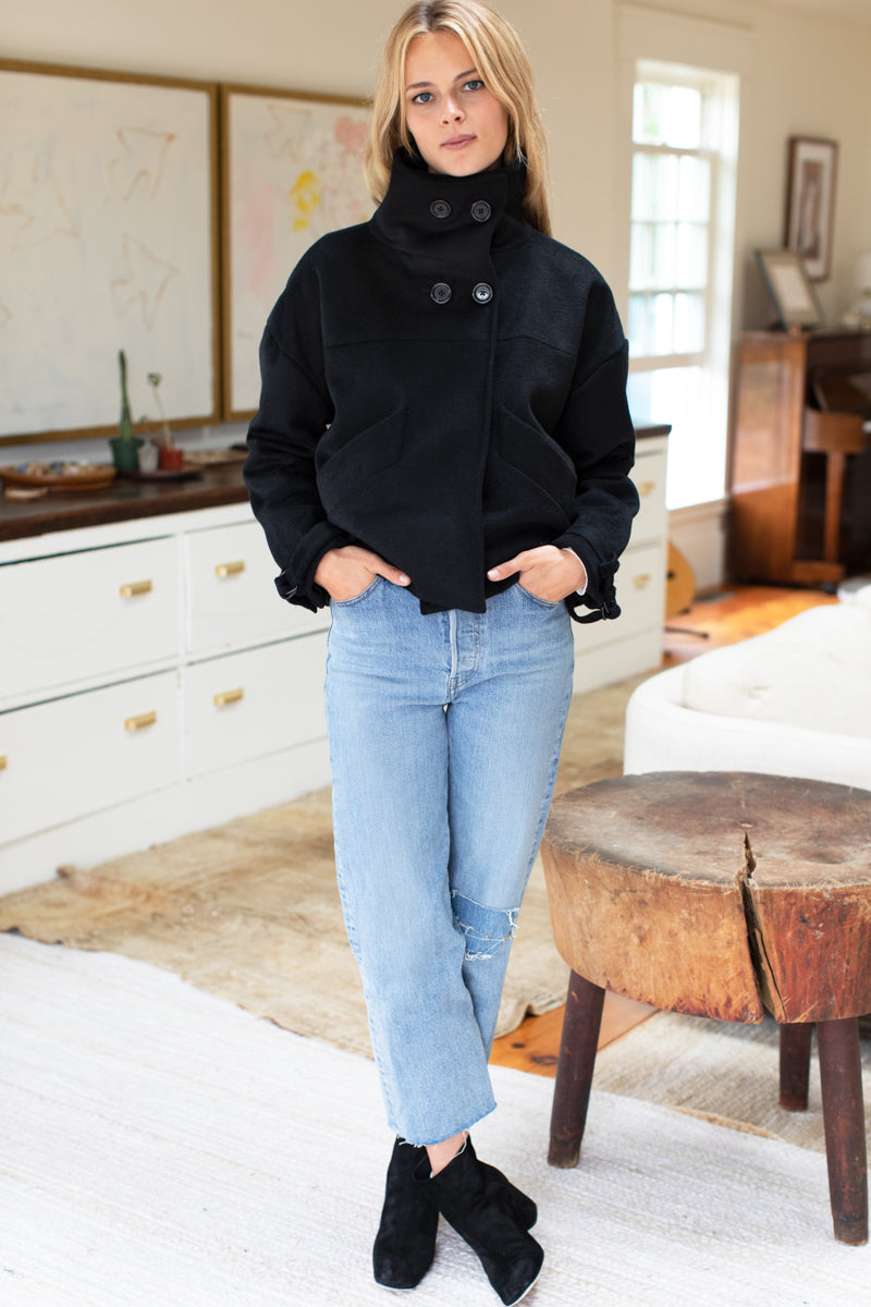 Cozy High Neck Jacket - Black Wool Cashmere