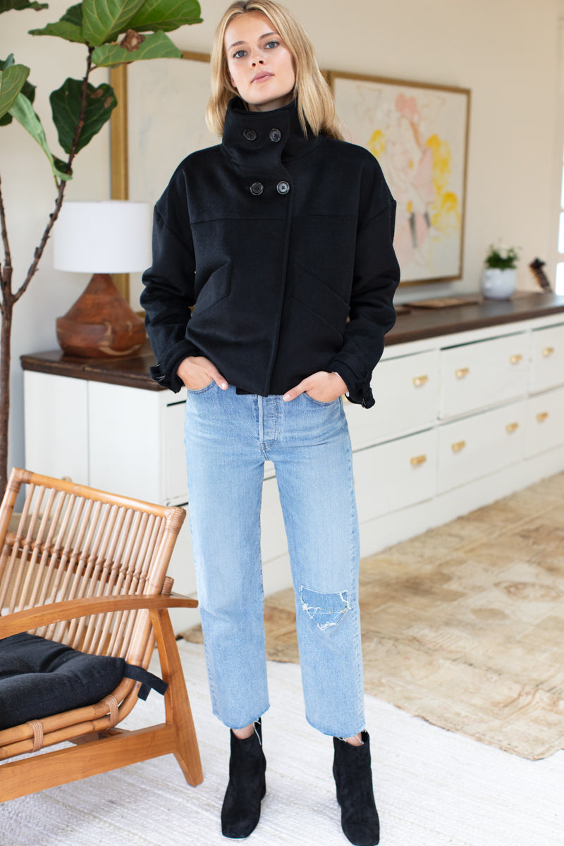 Cozy High Neck Jacket - Black Wool Cashmere