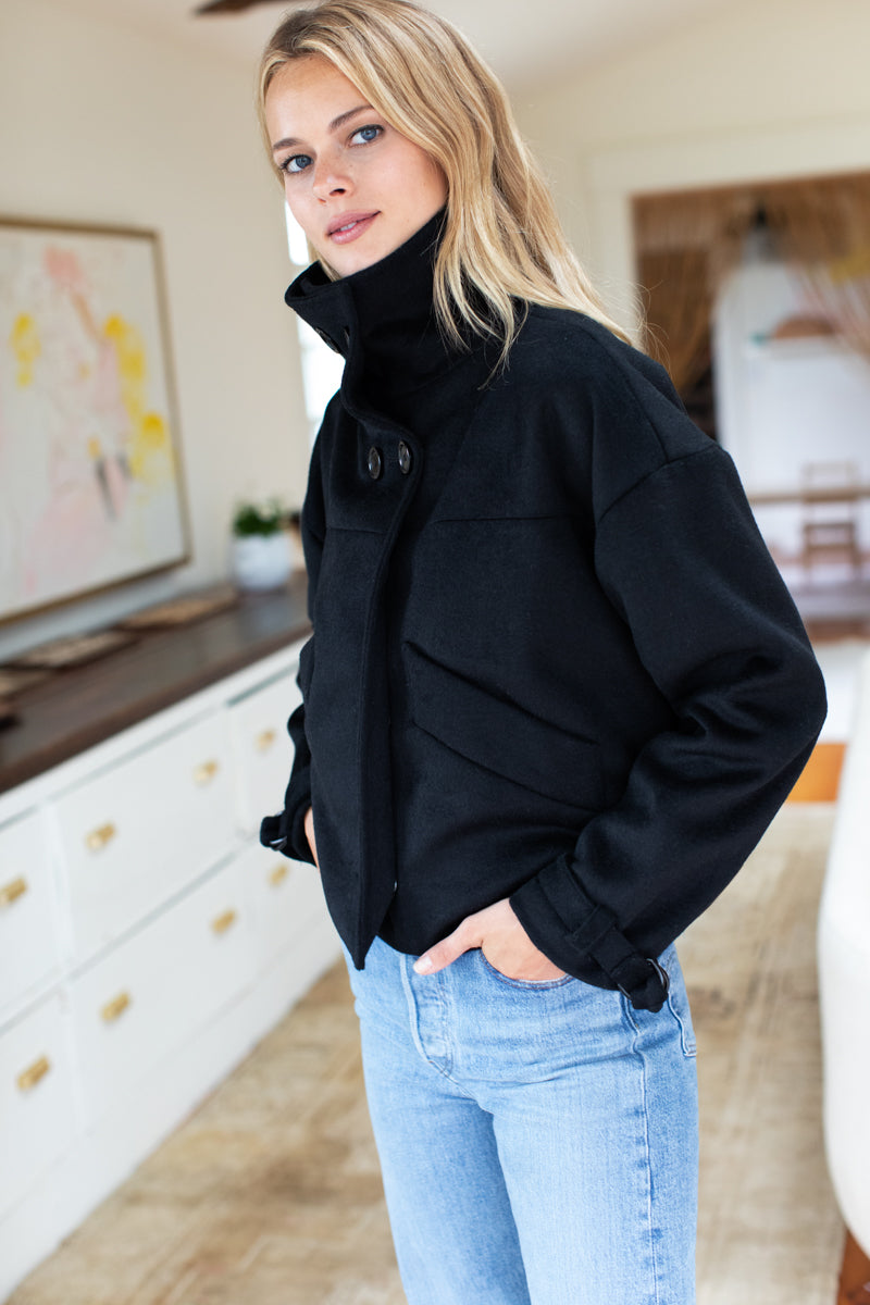 Cozy High Neck Jacket - Black Wool Cashmere