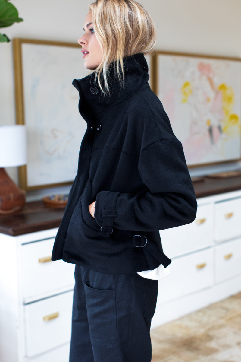 Cozy High Neck Jacket - Black Wool Cashmere