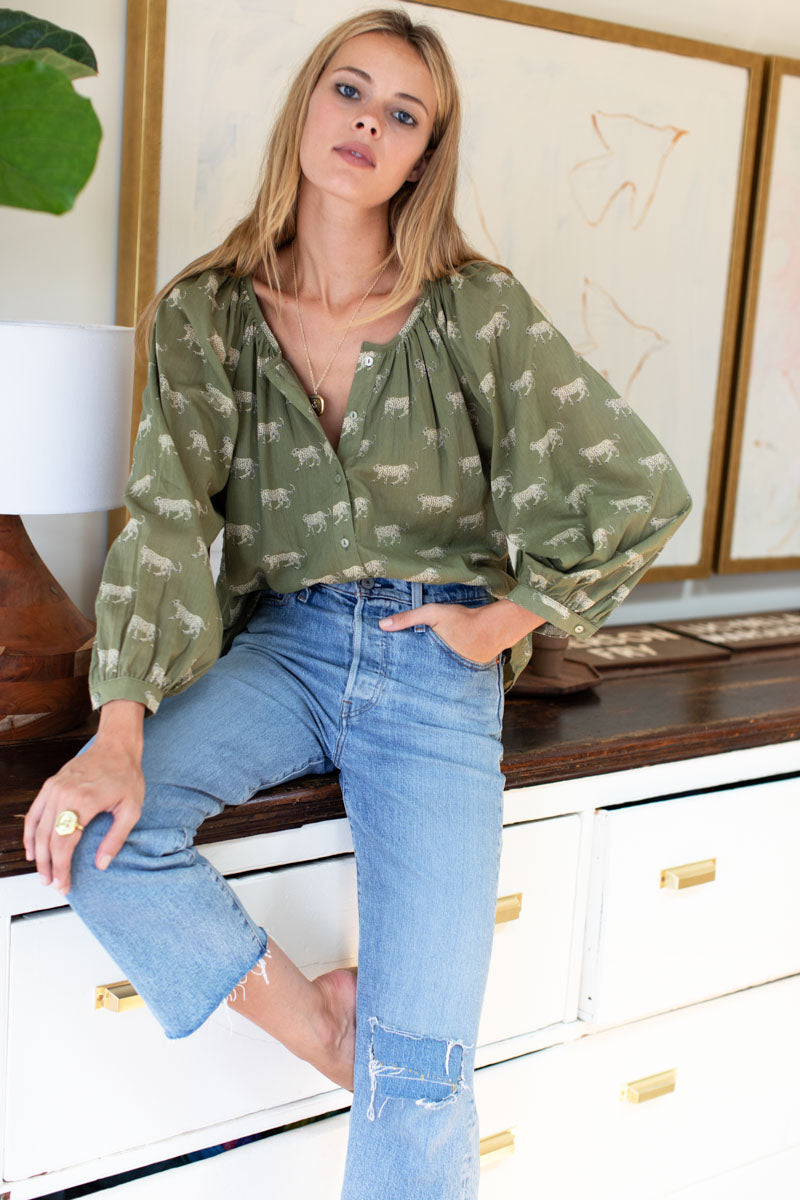 Frances Blouse - Olive Cheetah Organic