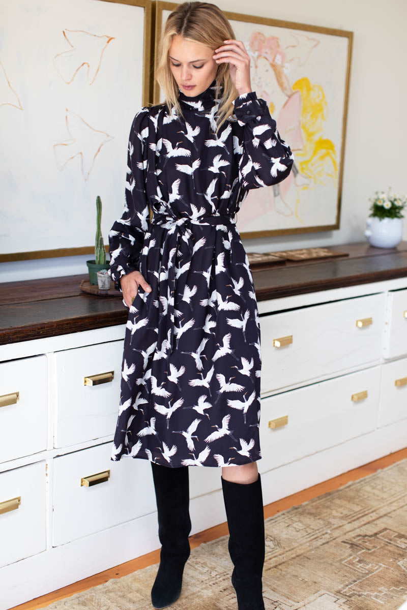 Frederique Shirtdress - Black Silk Crane