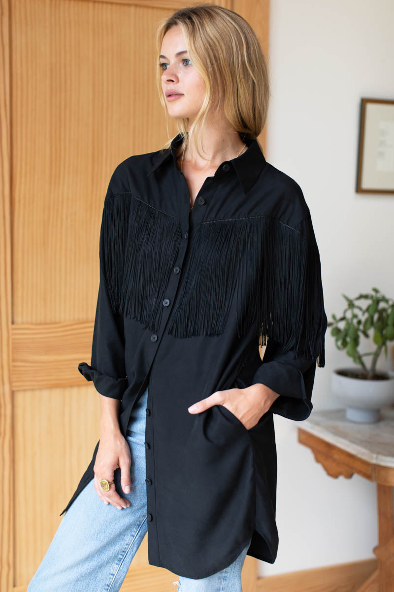 Fringe Shirtdress - Black Tencel