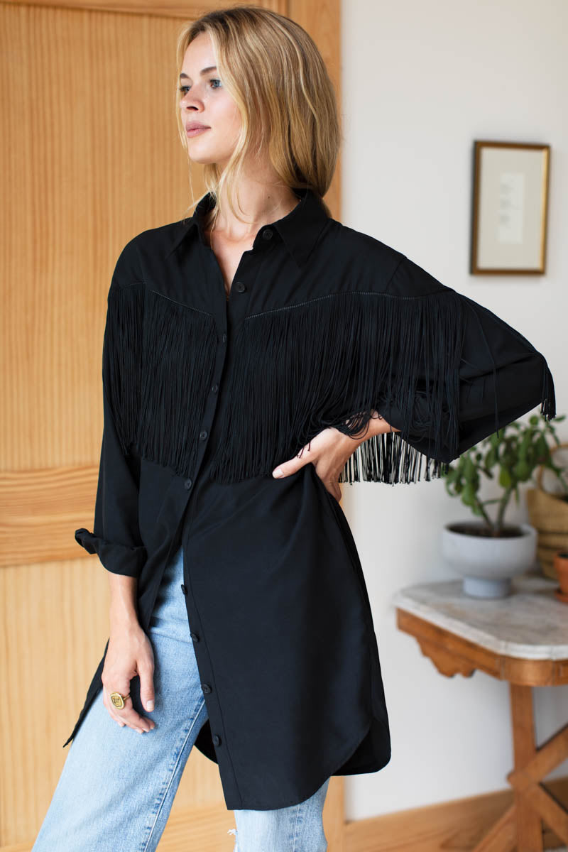 Fringe Shirtdress - Black Tencel