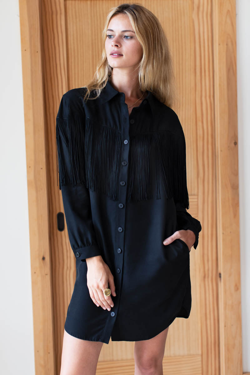 Fringe Shirtdress - Black Tencel