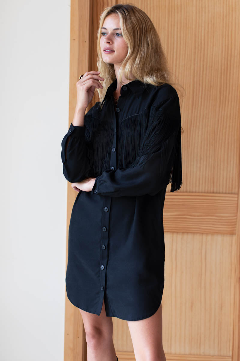 Fringe Shirtdress - Black Tencel