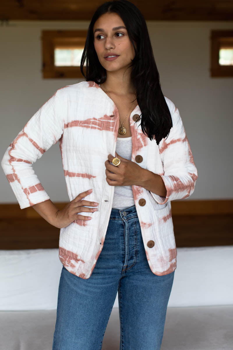 India Quilted Jacket - Dark Rose Tie Dye Organic