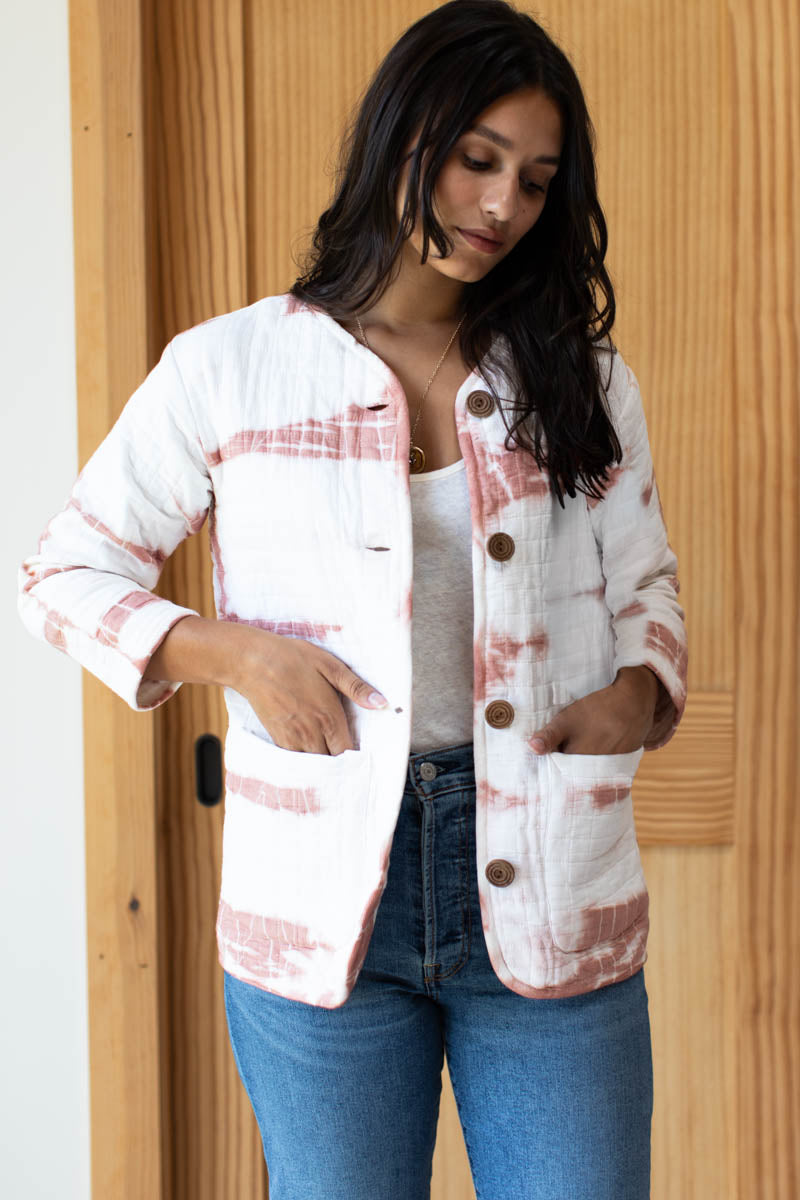 India Quilted Jacket - Dark Rose Tie Dye Organic