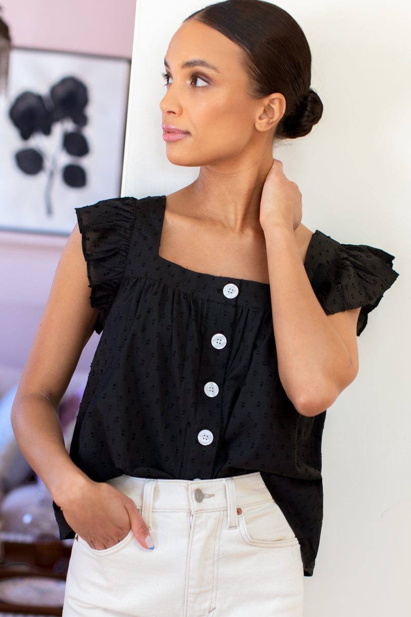 Laurent Flutter Top - Swiss Dot Black Organic