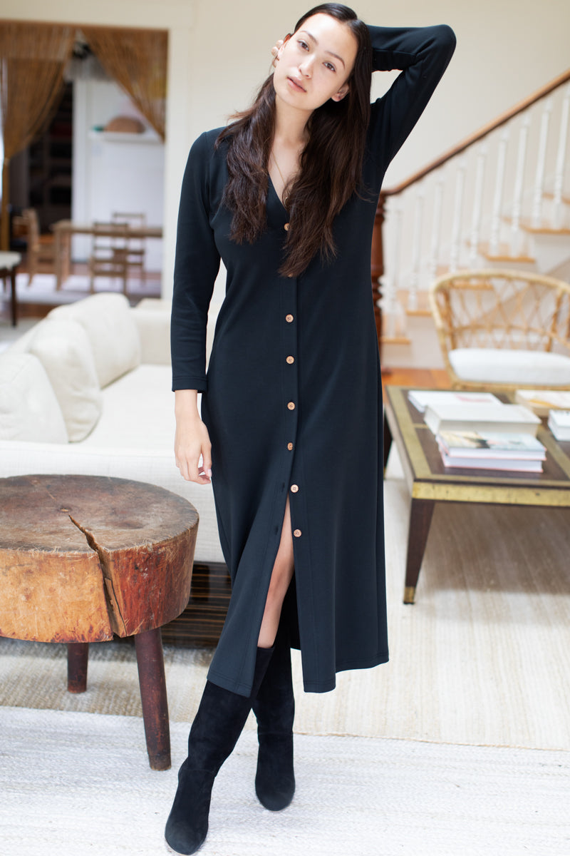 Long V Neck Dress - Black