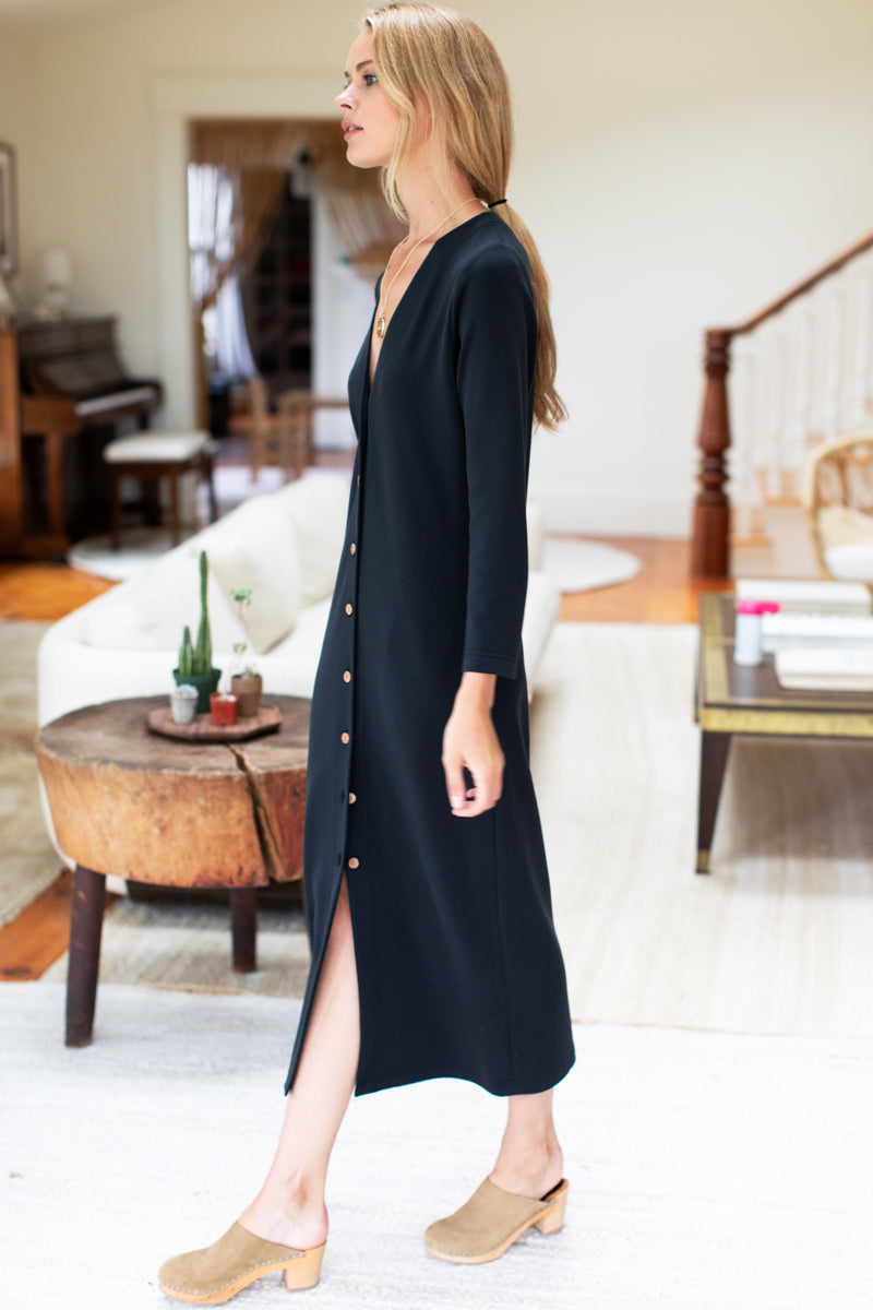 Long V Neck Dress - Black