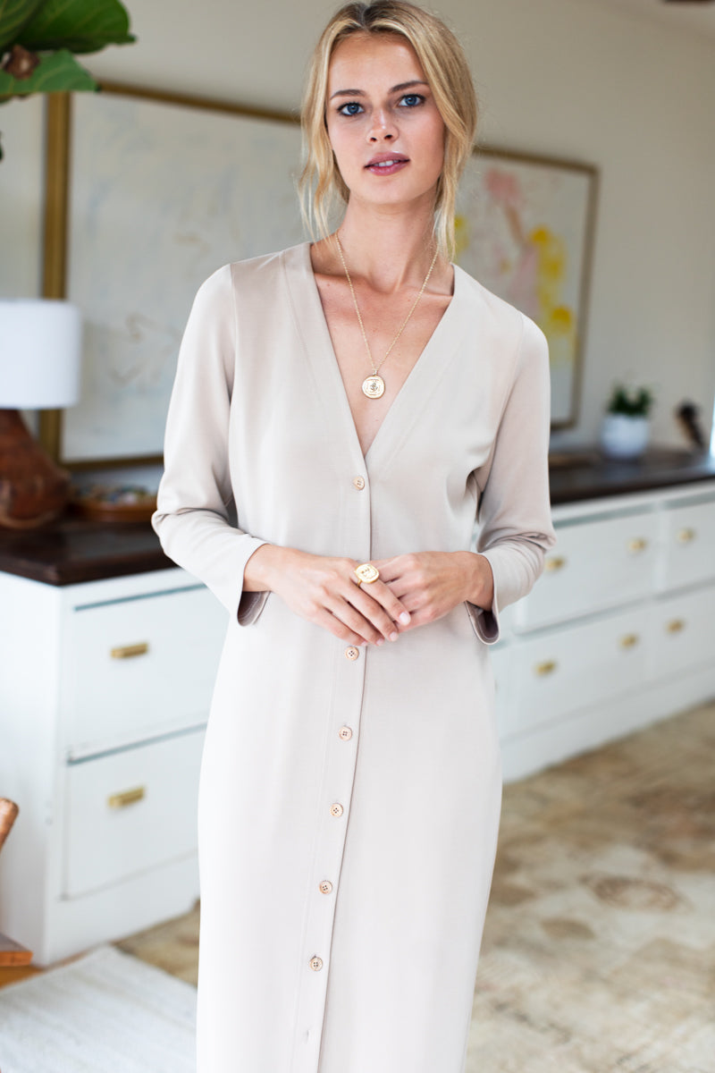 Long V Neck Dress - Wheat