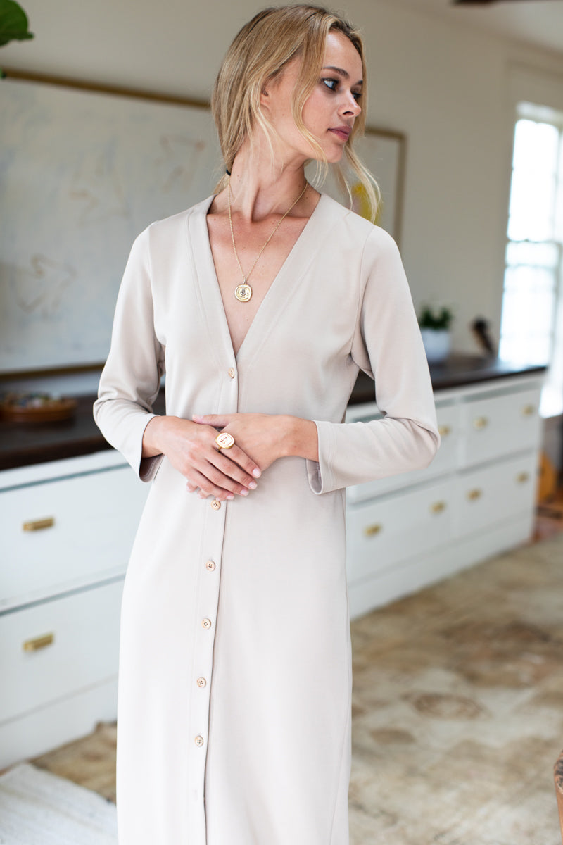 Long V Neck Dress - Wheat