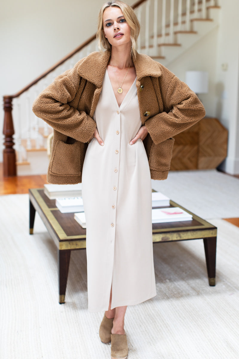 Long V Neck Dress - Wheat
