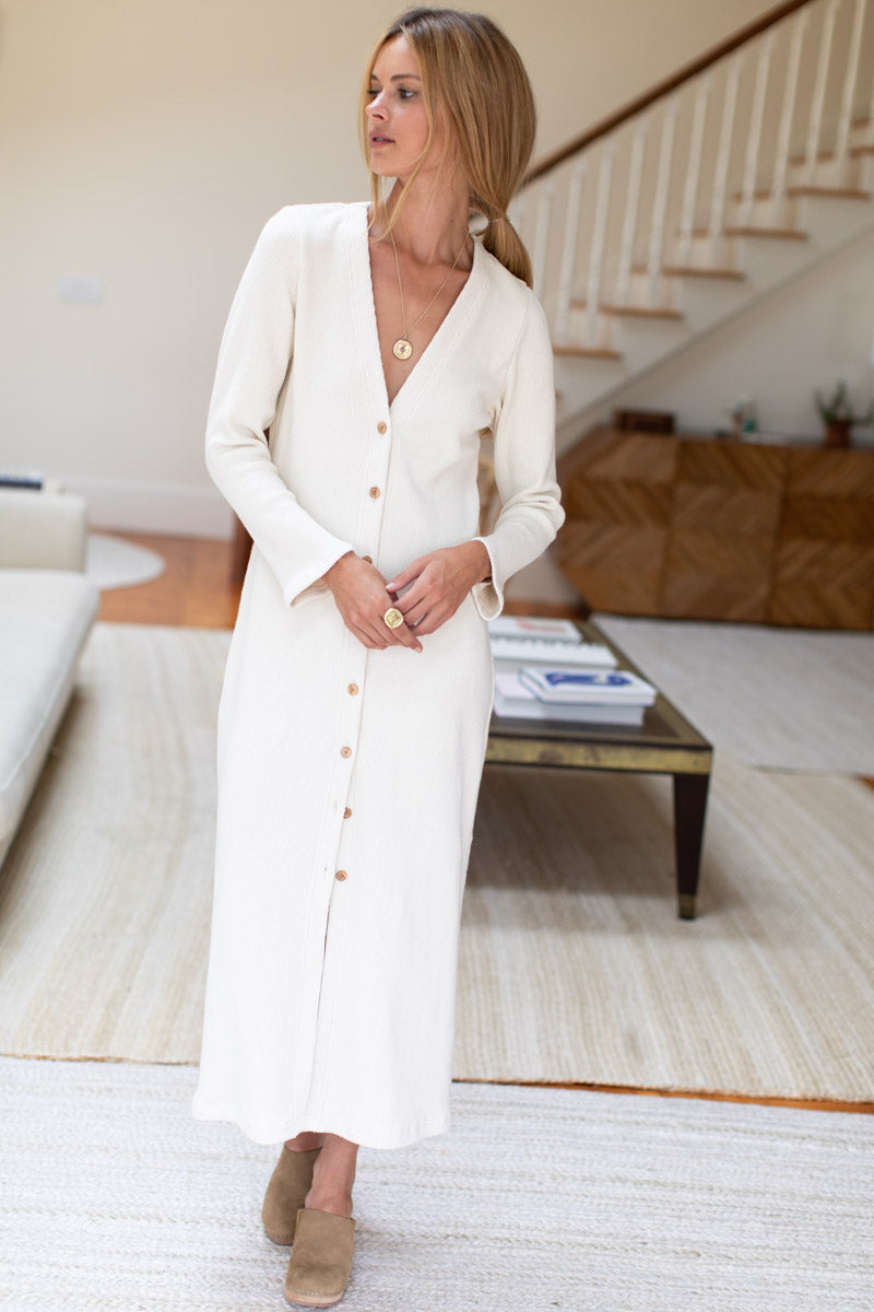 Long V Neck Dress  - Natural Hemp Cotton Rib Organic