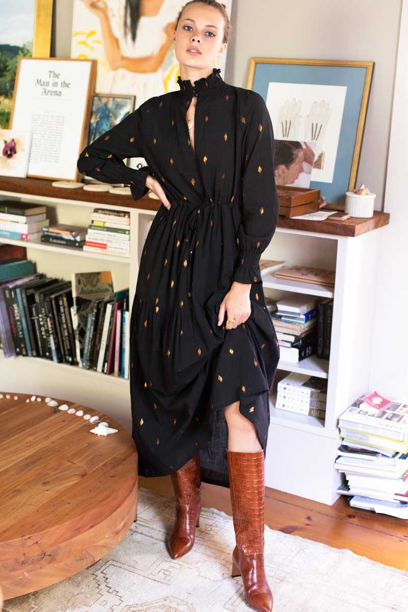 Lucybella Maxi Dress - Gold Leaf Black