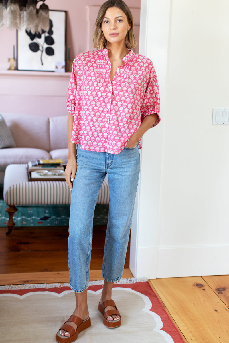 Mandarin Collar Top - Crescent Flower Bon Pink Organic