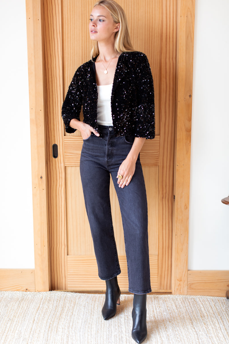 Paillette Crop Jacket - Black Sequin
