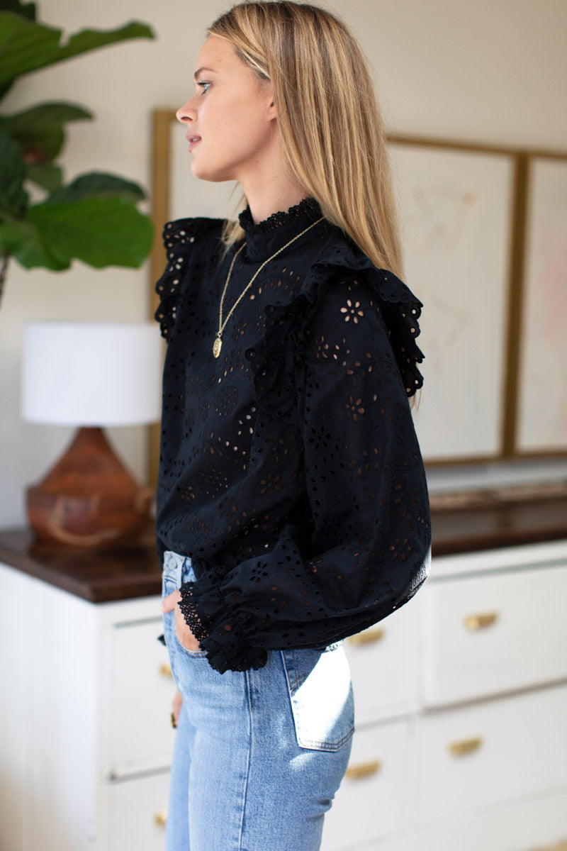 Pearl Long Sleeve Blouse - Black Eyelet