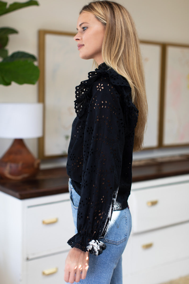 Pearl Long Sleeve Blouse - Black Eyelet