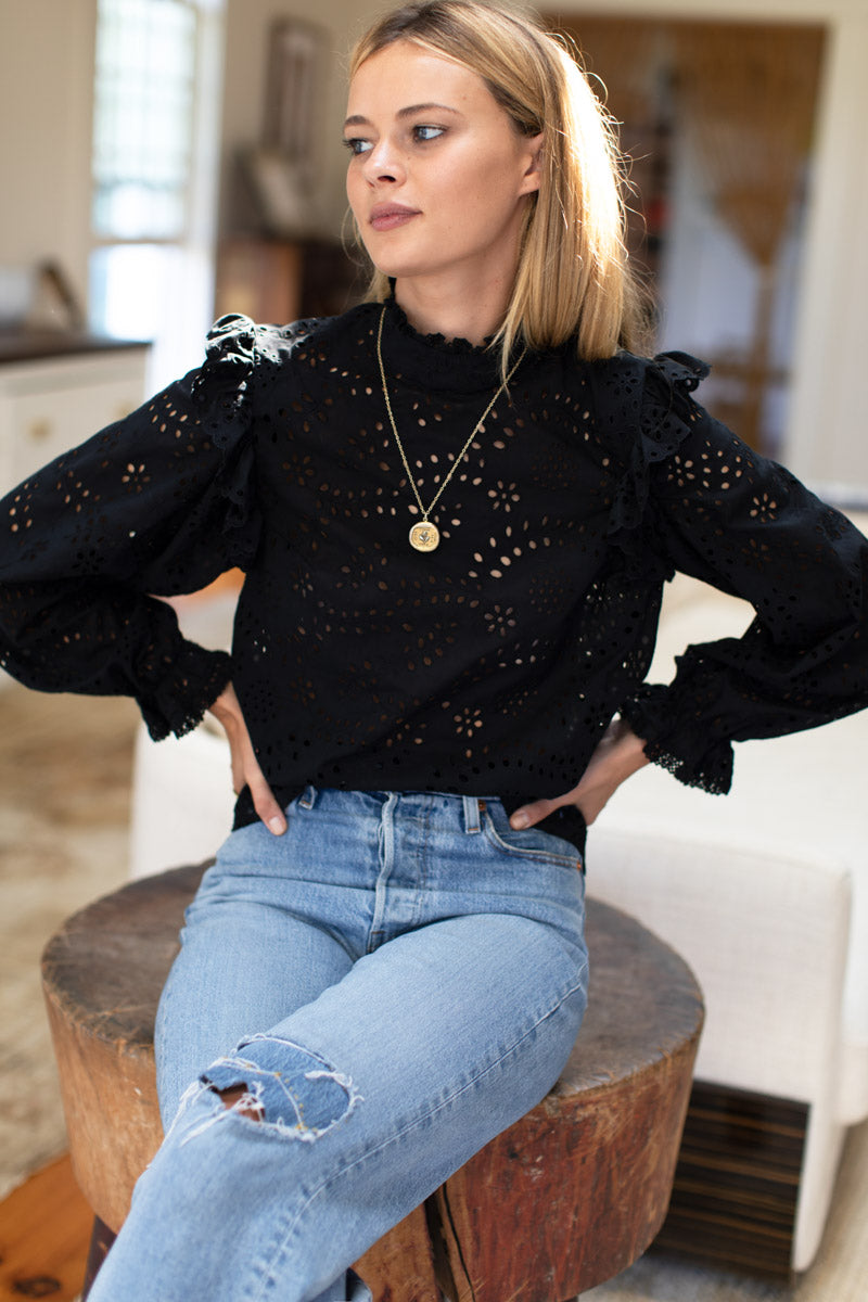 Pearl Long Sleeve Blouse - Black Eyelet