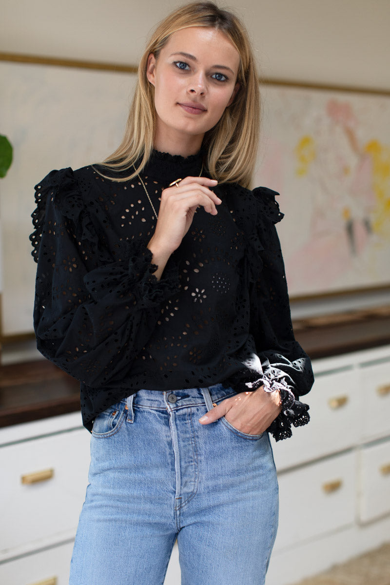 Pearl Long Sleeve Blouse - Black Eyelet