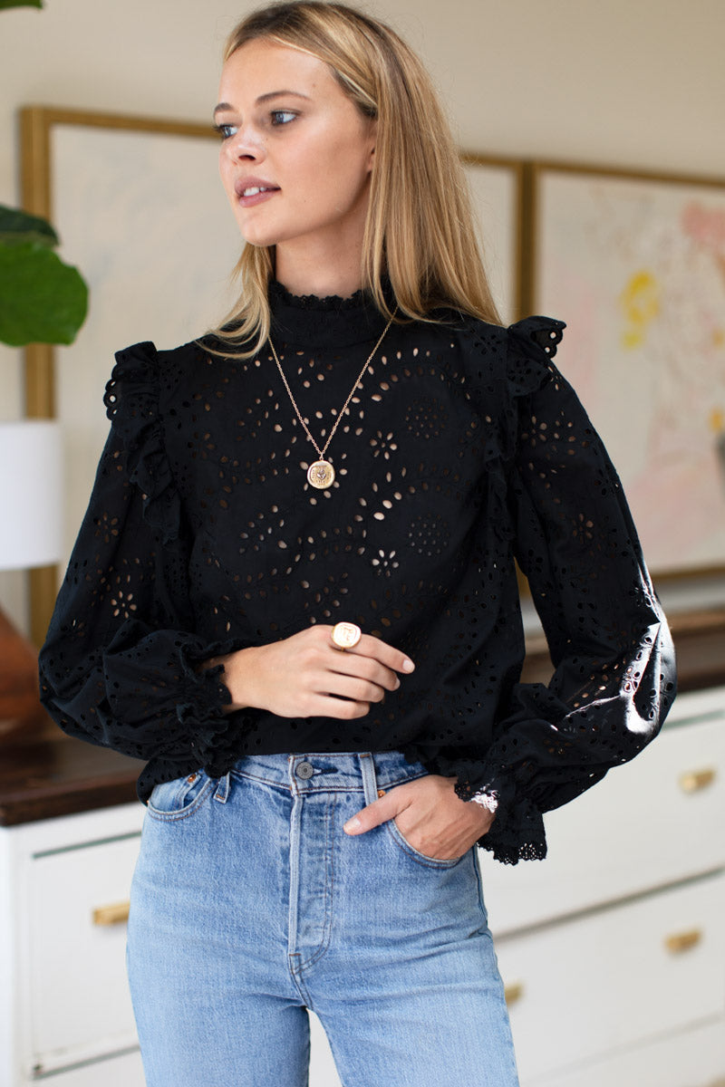 Pearl Long Sleeve Blouse - Black Eyelet