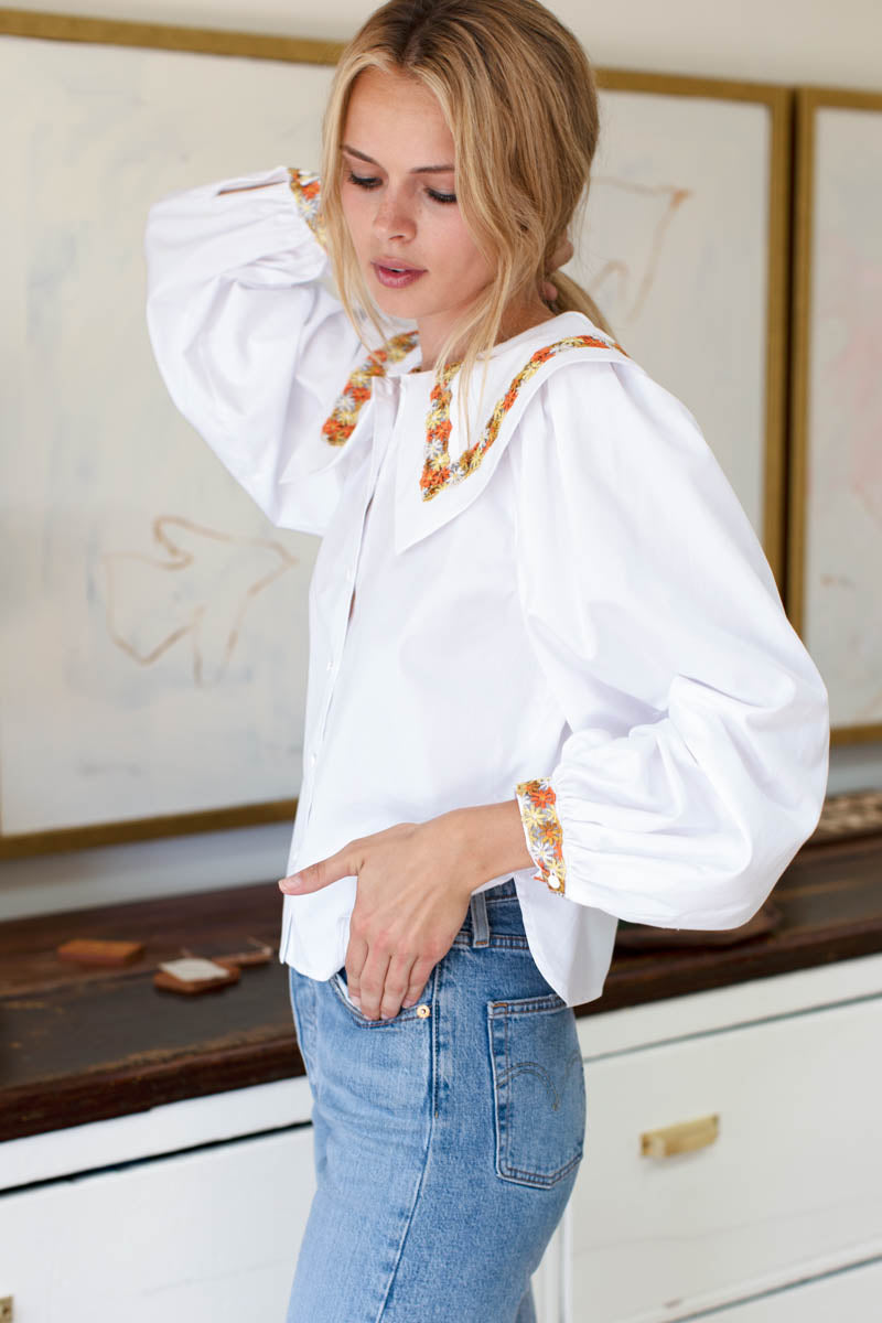Petra Long Sleeve Blouse - White Poplin
