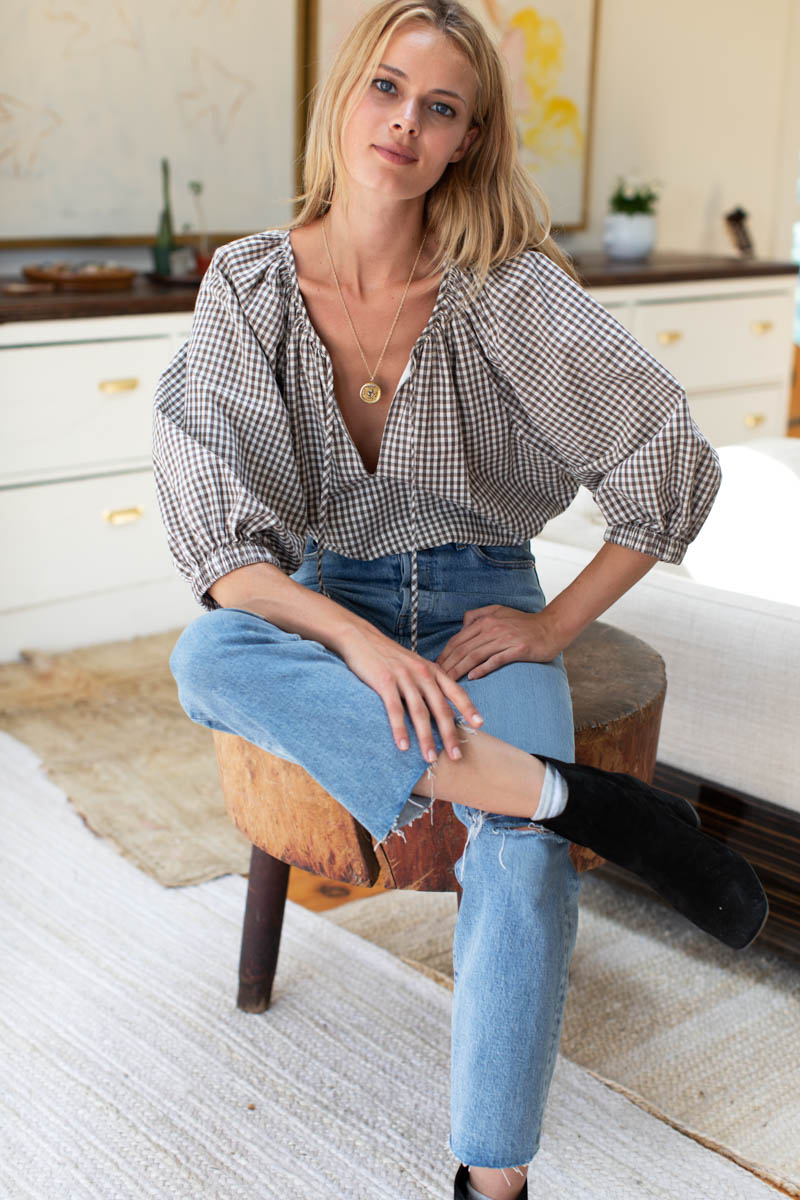 Rakel Keyhole Blouse - Gingham Coffee
