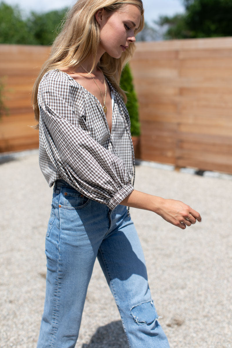 Rakel Keyhole Blouse - Gingham Coffee