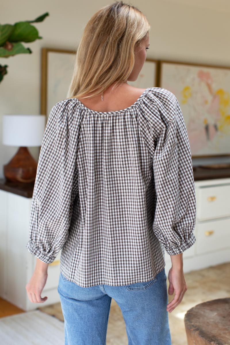 Rakel Keyhole Blouse - Gingham Coffee