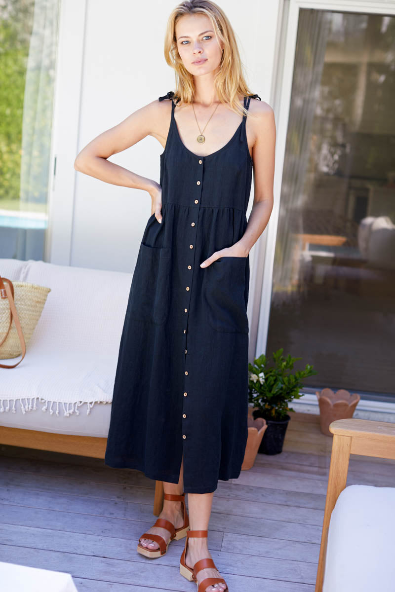 Livia Button Dress - Black Linen