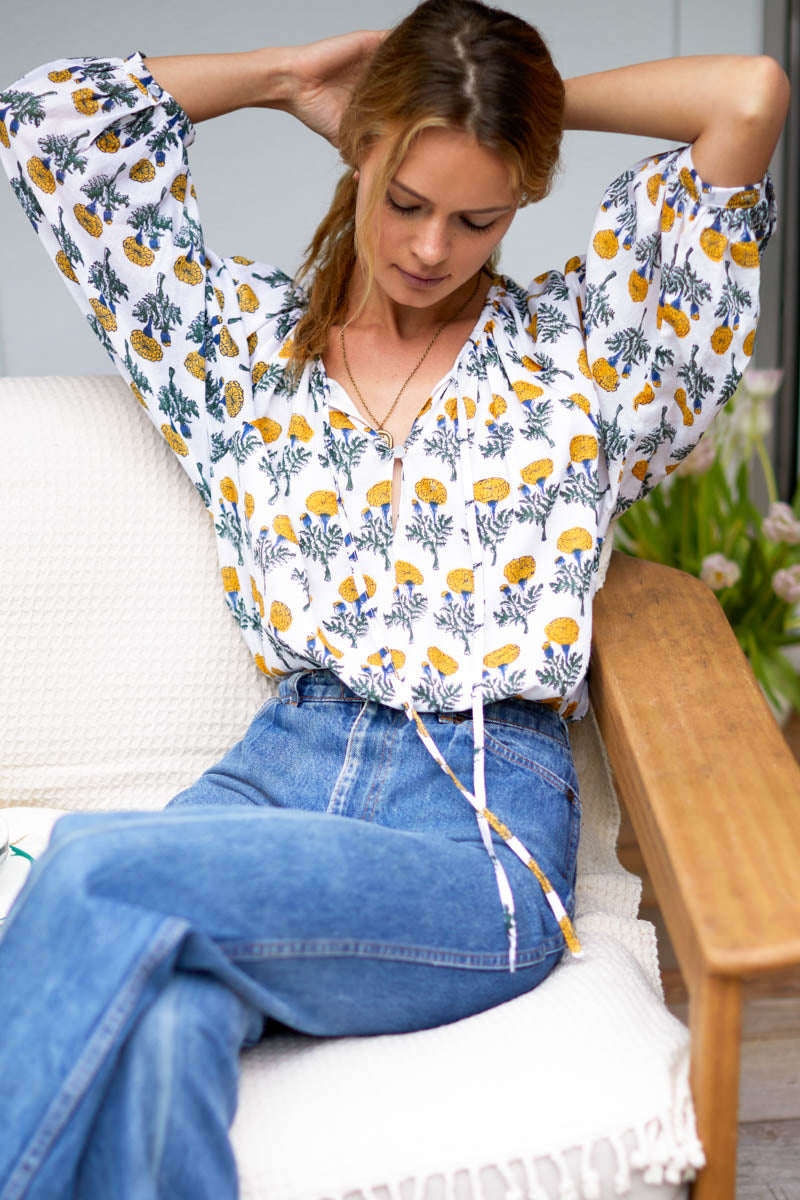 Lucy Blouse - Big Marigolds White Organic