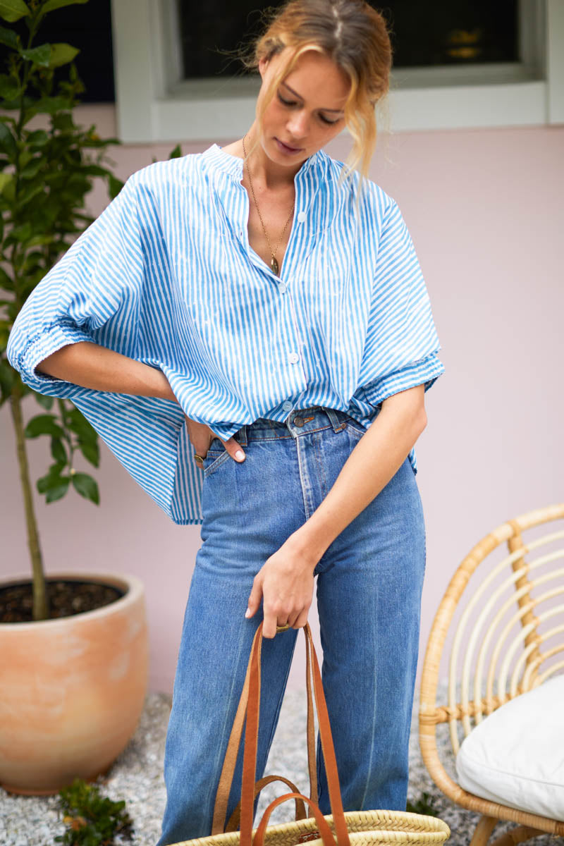 Mandarin Collar Top - Sunday Stripe Bluesy Organic
